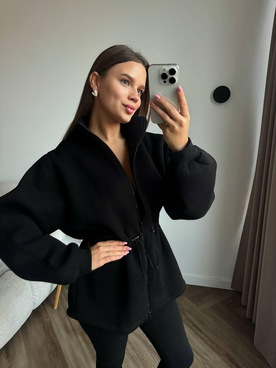 Жіноча тепла кофта на блискавці в спортивному стилі з куліскою на талії (р. 42-46) 6KF3457, фото 1