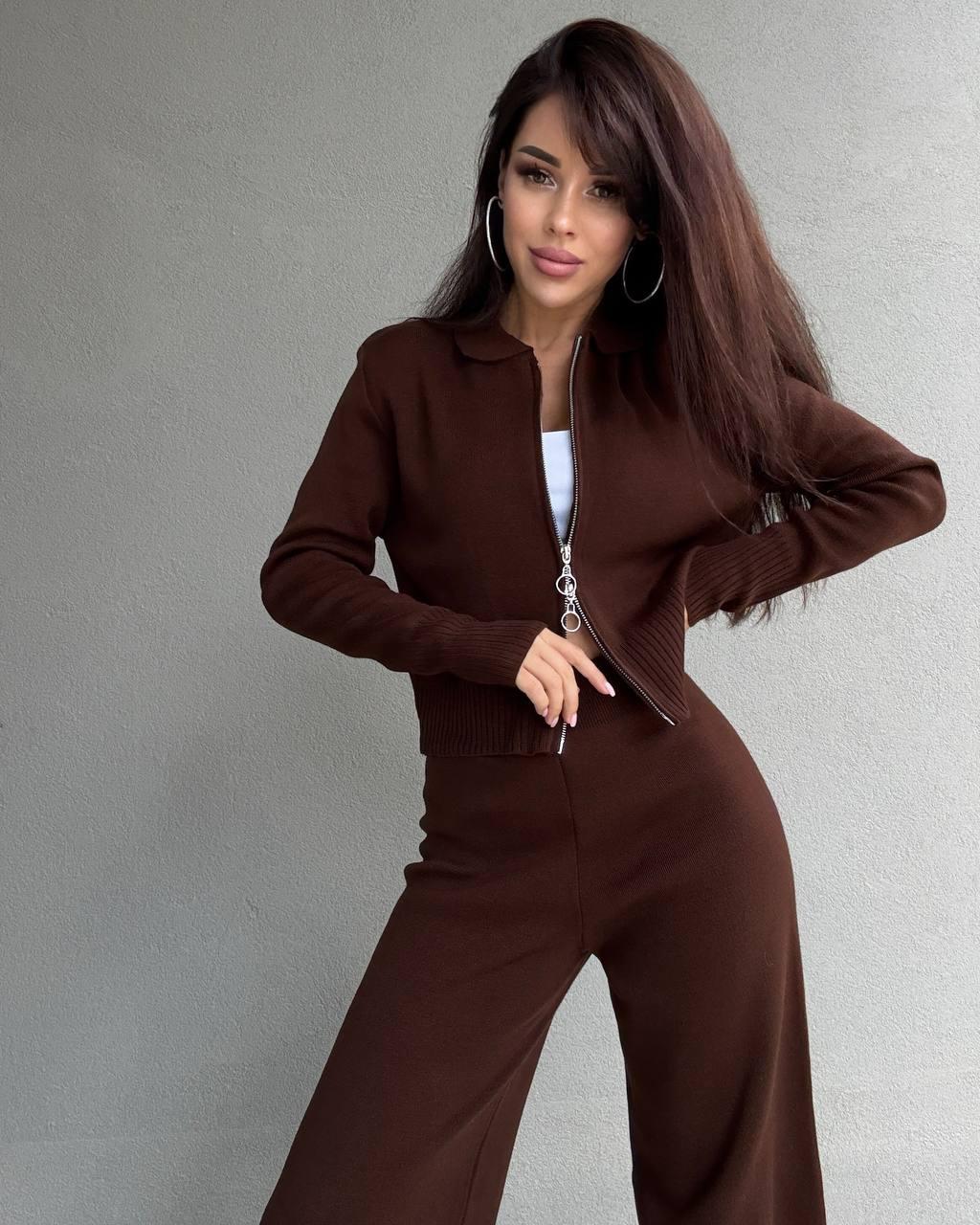 Жіночий теплий комплект кофта на блискавці та відкладним коміром штани на високій посадці (р. 42-46) 9KO3947, фото 1