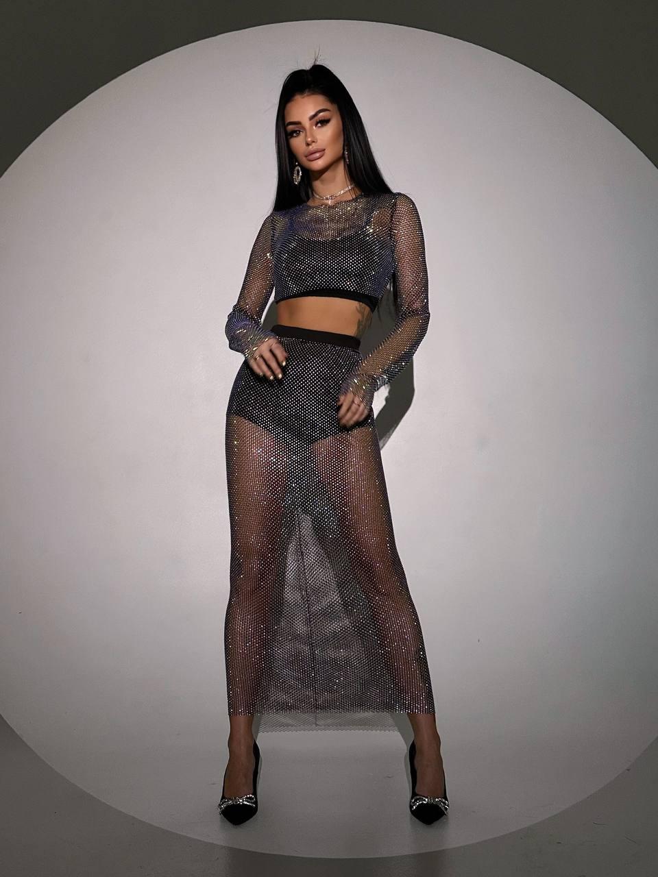 Жіночий вечірній комплект із сітки зі стразами міді спідниця і топ із довгими рукавами (р. S, M) 66KO3952Е, фото 1