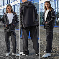 Детский подростковый теплый флисовый спортивный костюм на девочку овесайз прямые штаны и кофта на молнии 12-16 лет.