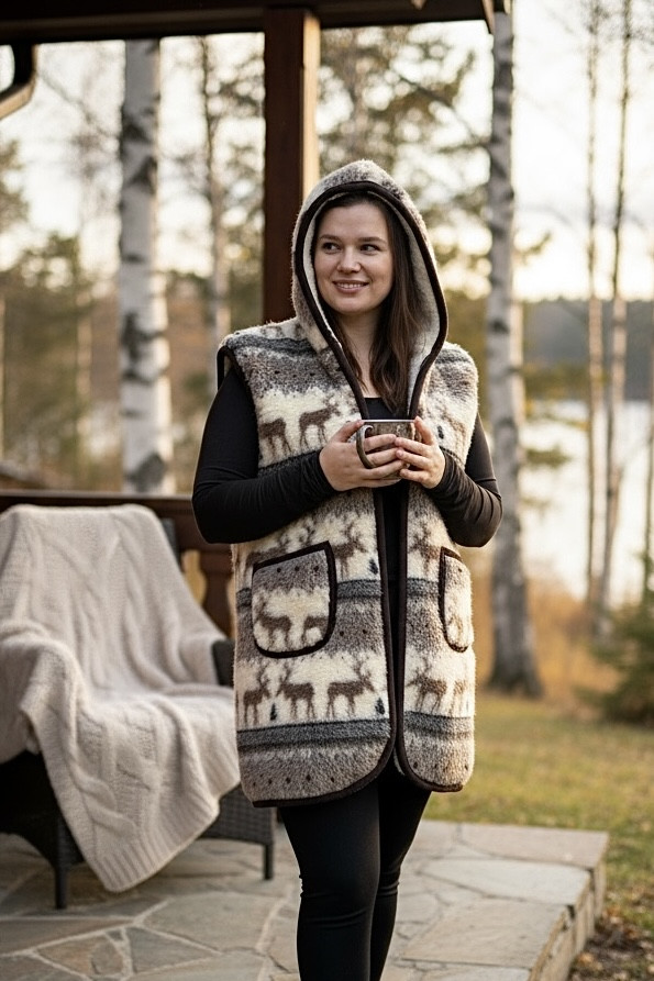 014 Безрукавка подовжена на овчині з капюшоном, фото 1