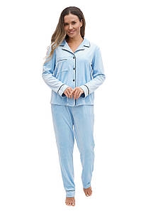 Жіноча велюрова піжама сорочка та штани блакитна Martelle Lingerie 321
