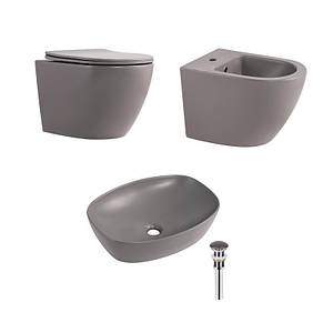 Комплект Qtap Robin Stone grey 3 в 1: унітаз підвісний Ultra Quiet + біде підвісне + раковина накладна QTROBSG49158