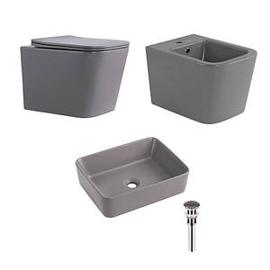 Комплект Qtap Tern Stone grey 3 в 1: унітаз підвісний Ultra Quiet + біде підвісне + раковина накладна QTTERSG49162