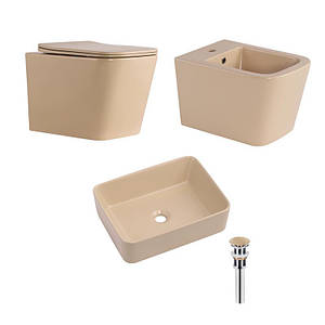 Комплект Qtap Tern Beige 3 в 1: унітаз підвісний Ultra Quiet + біде підвісне + раковина накладна QTTERSB49163