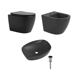Комплект Qtap Robin Anthracite 3 в 1: унітаз підвісний Ultra Quiet + біде підвісне + раковина накладна QTROBAN49157
