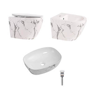 Комплект Qtap Robin Marble 3 в 1: унітаз підвісний Ultra Quiet + біде підвісне + раковина накладна QTROBMR49160