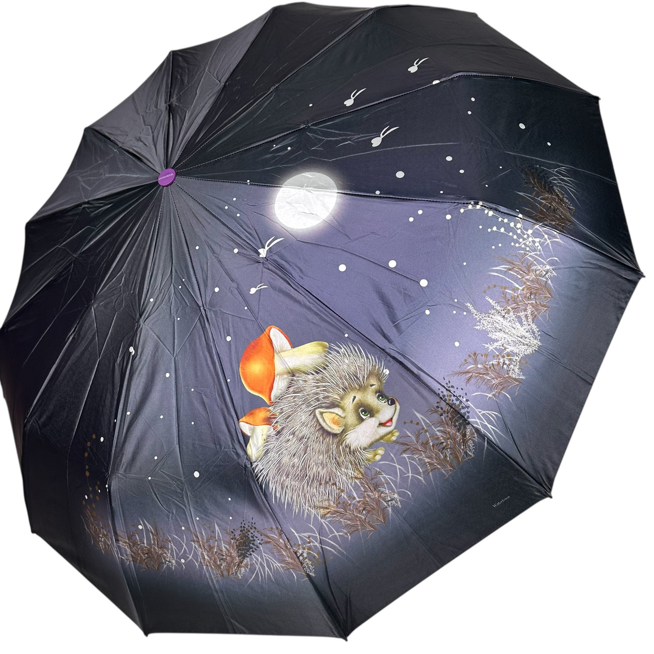 Жіноча парасоля автомат на 12+4+2 сегментних карбонових спиць сатиновий купол з принтом від Water Town, ручка фіолетова, WT 0210-4