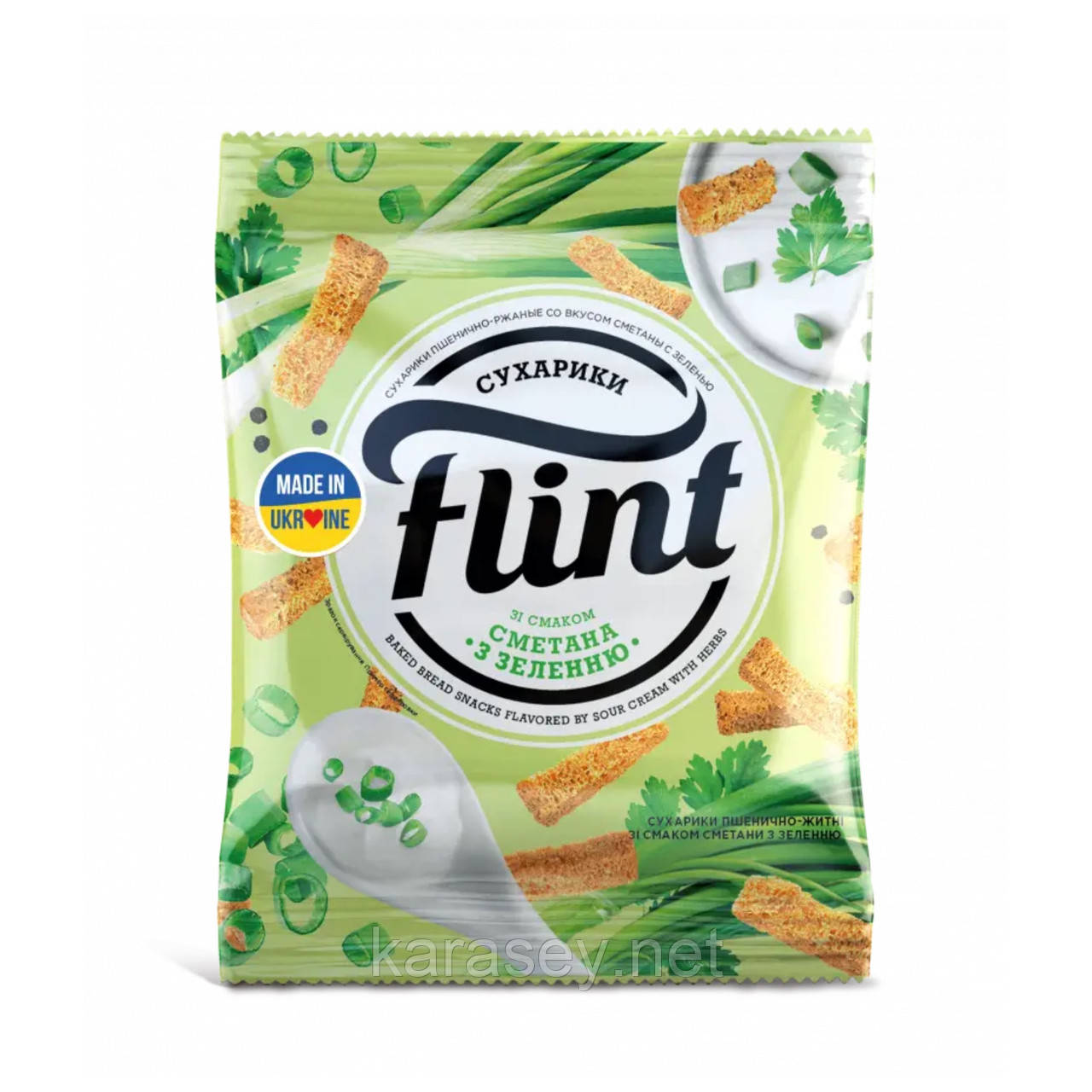 Сухарики житньо пшеничні зі смаком "СМЕТАНА ТА ЗЕЛЕНЬ"  100г FLINT, фото 1