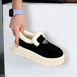 Модні чорні автоледі з бежевою опушкою на потовщеній підошві