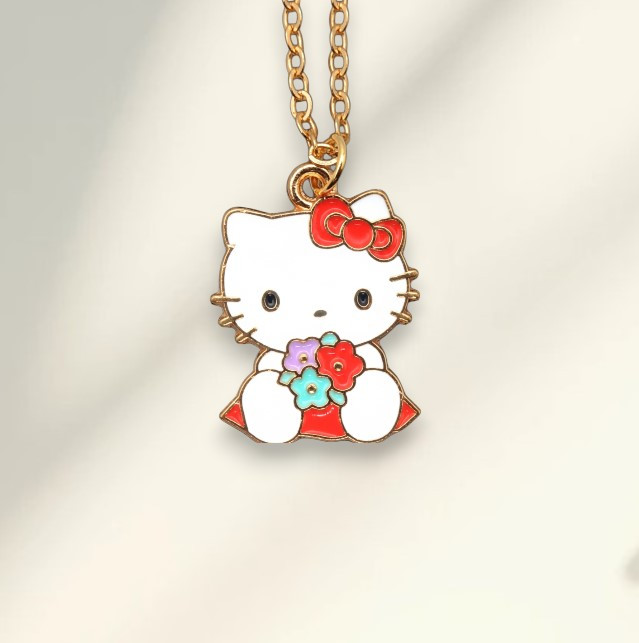 Кулон золотистий у вигляді Хеллоу Кітті (Hello Kitty) з букетом квітів 2.2 см 45+5 см IgnisFlos348, фото 1