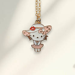 Кулон золотистий у вигляді Хеллоу Кітті (Hello Kitty) в капелюсі та рожевому платті 2.2 см 45+5 см IgnisFlos348
