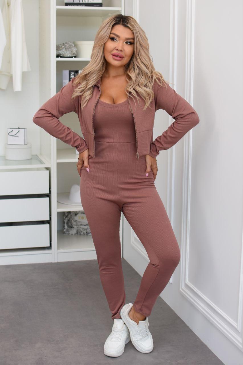 Жіночий утеплений в рубчик костюм: кроп-топ кофточка на блискавці та облягаючий комбінезон, батал великі розміри, фото 1