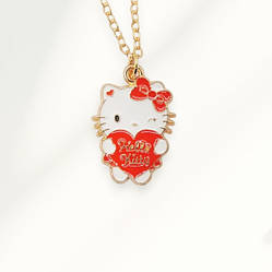 Кулон золотистий у вигляді Хеллоу Кітті (Hello Kitty) тримає червоне сердечко 2.2 см 45+5 см IgnisFlos348