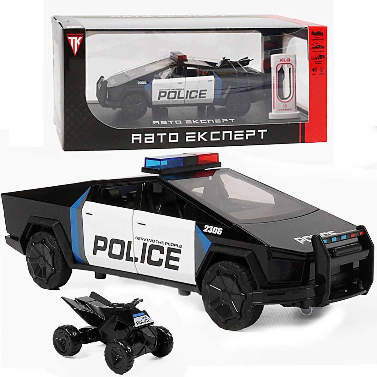 Машинка матал Tesla Cybertruck поліція Тесла електромобіль зарядка 1:24 звук світло 18,5*7*6см (RS-36124), фото 1
