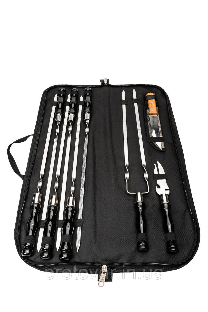 Набір шампурів Enot-1 Black у сумці з дерев’яними ручками для грилю та приготування м’яса на природі