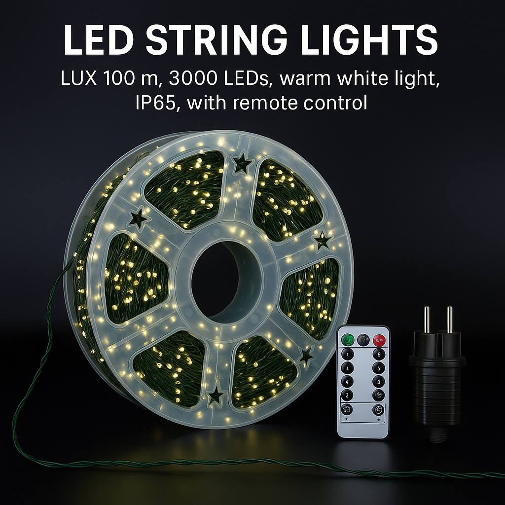 Гірлянда Роса Мішура 100м 3000 LED на зеленому мідному дроті з пультом IP44/IP65 вулична, фото 1