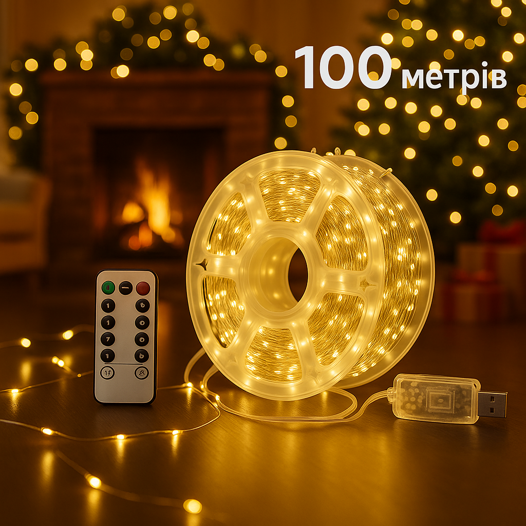 Гірлянда Роса 100 метрів 1000 LED світлодіодна гірлянда в котушці мідний 8 функцій + пульт жовтий USB, фото 1