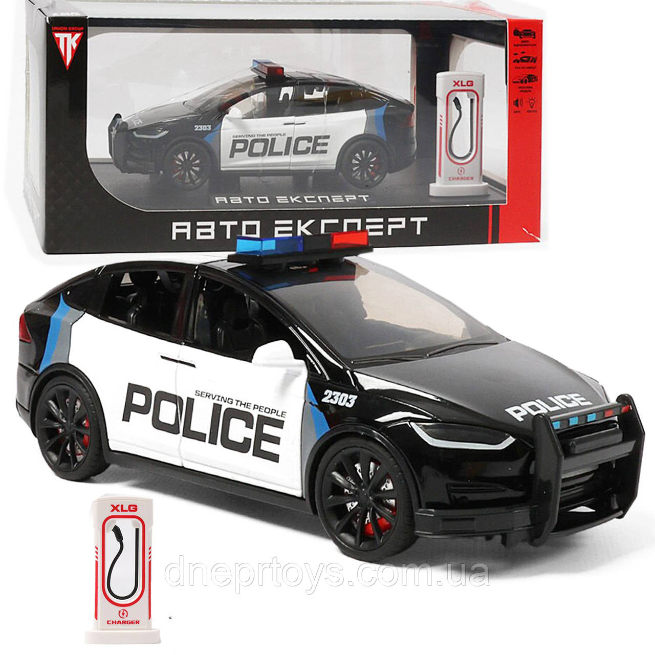 Машинка матал Tesla Model X поліція Тесла електромобіль зарядка 1:24 звук світло 18,5*6,5*6,5см (RS-21433), фото 1
