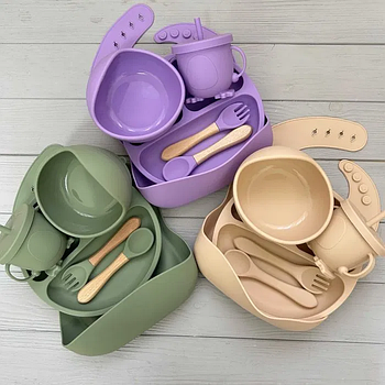Дитячий посуд із силікону. Набір із 6 предметів. Силіконовий набір для годування малюка 6 в 1 набір для першого прикорму Лучшая