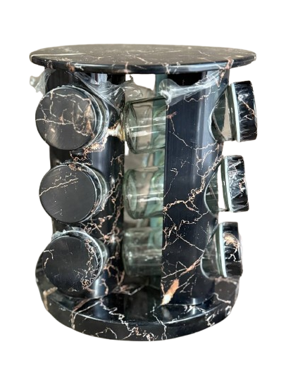 Органайзер А-Плюс 13 предметів набір для приправ на підставці, що обертається, 12 баночок по 80 мл металева стійка Чорний мармур, фото 1