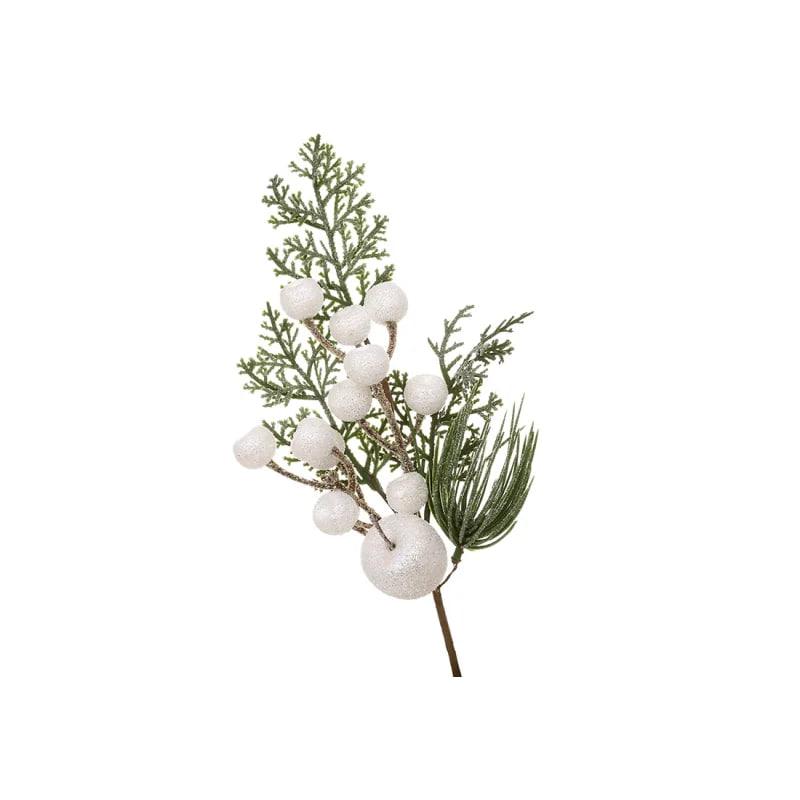 Декоративна гілка хвої 37 см Штучні матеріали для декору та флористики з ягодами Зелений з білим, фото 1