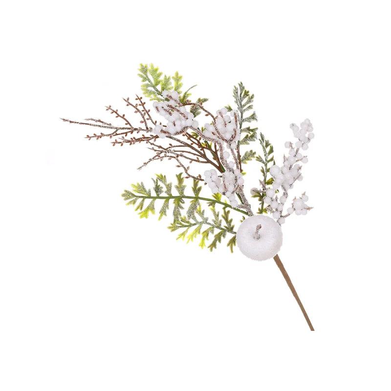 Декоративна гілка хвої 40 см Штучні матеріали для декору та флористики з ягодами Зелений з білим, фото 1