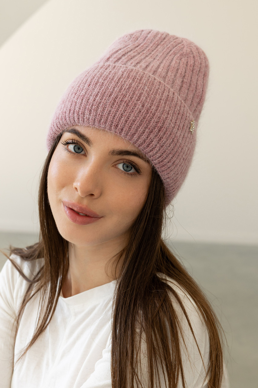 Жіноча зимова шапка «Біні Ангора» з ангорою 80% орнаментом і флісовою підкладкою Пудрово-рожевий, фото 1