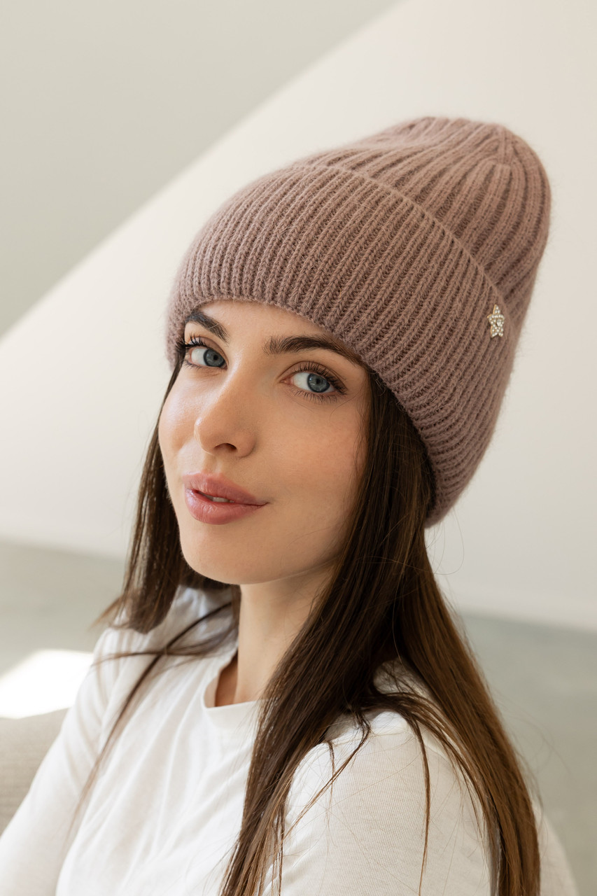 Жіноча зимова шапка «Біні Ангора» з ангорою 80% орнаментом і флісовою підкладкою Світло-коричневий, фото 1