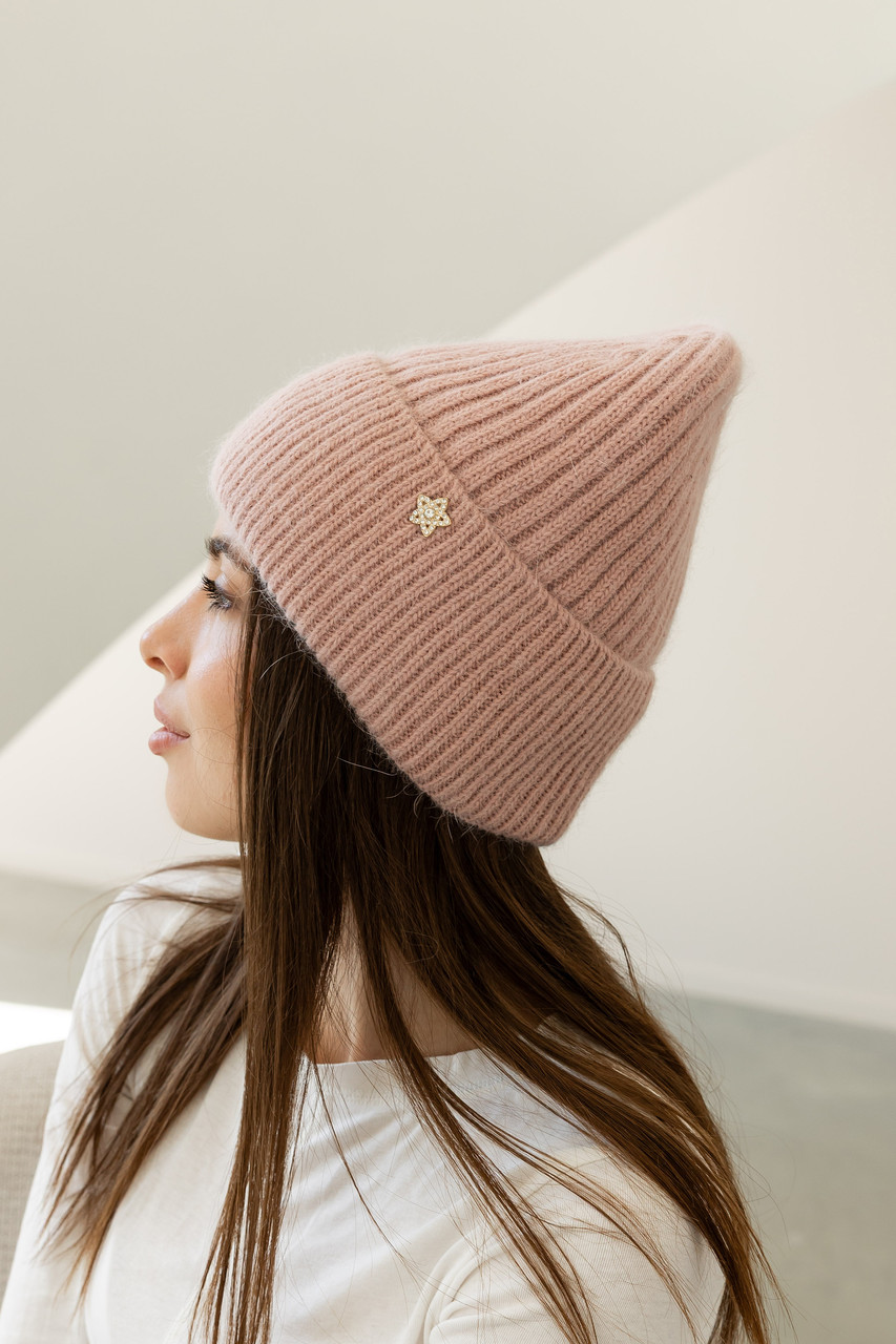 Жіноча зимова шапка «Біні Ангора» з ангорою 80% орнаментом і флісовою підкладкою Пудровий, фото 1