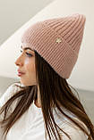 Жіноча зимова шапка «Біні Ангора» з ангорою 80% орнаментом і флісовою підкладкою Пудровий, фото 2