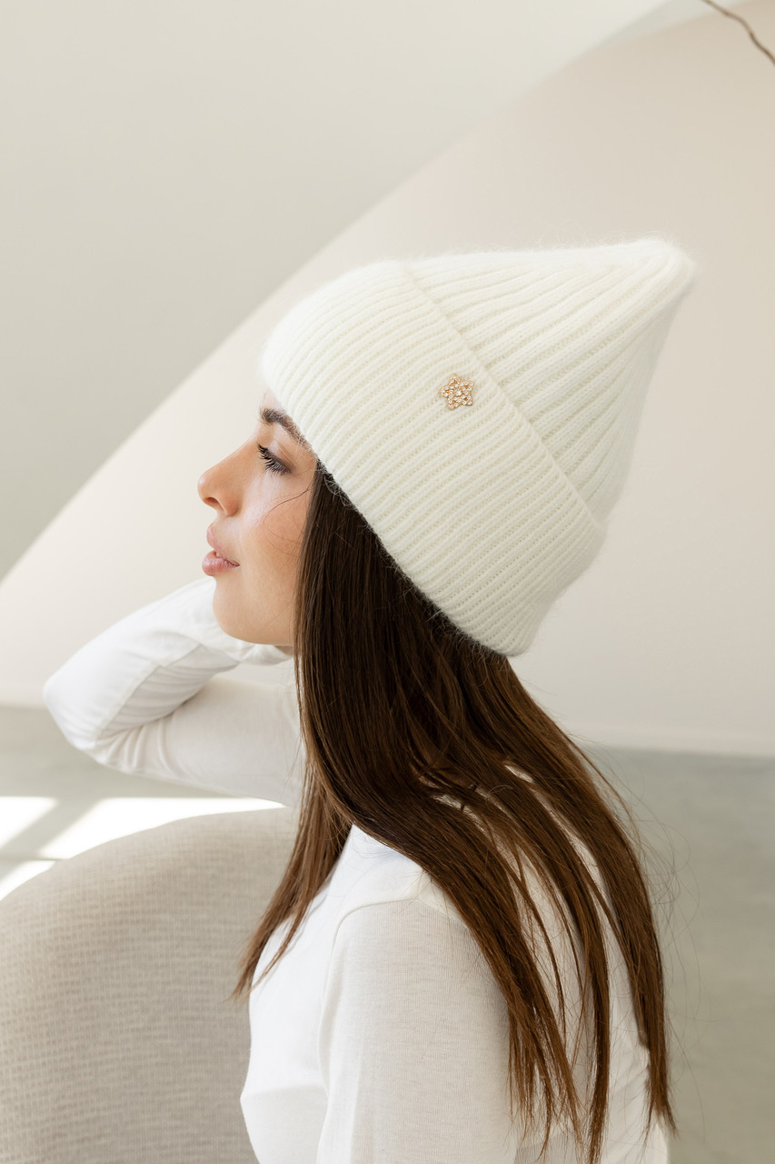 Жіноча зимова шапка «Біні Ангора» з ангорою 80% орнаментом і флісовою підкладкою Білий, фото 1