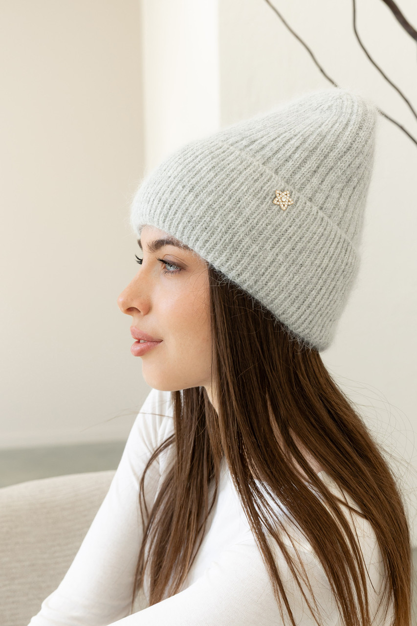 Жіноча зимова шапка «Біні Ангора» з ангорою 80% орнаментом і флісовою підкладкою Сірий, фото 1