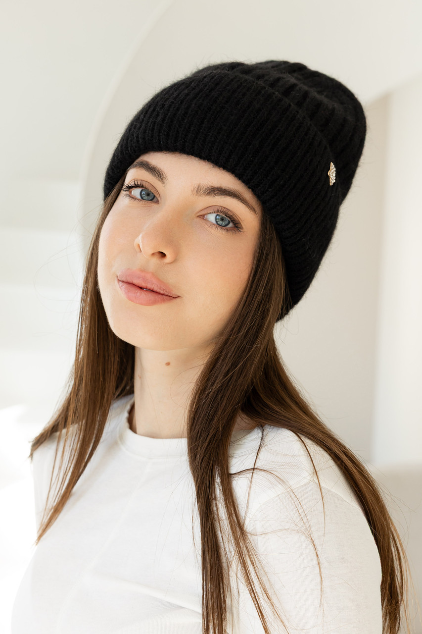 Жіноча зимова шапка «Біні Ангора» з ангорою 80% орнаментом і флісовою підкладкою Чорний, фото 1