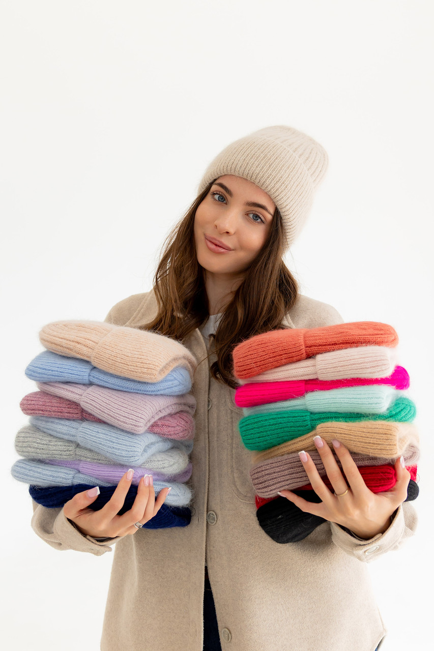 Жіноча зимова шапка «Біні Ангора» з ангорою 80% орнаментом і флісовою підкладкою Бірюзовий, фото 1