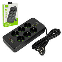 Мережевий фільтр подовжувач 2м 6 розеток та 5 USB QC PD 10А 2.5кВт EU-2506PD