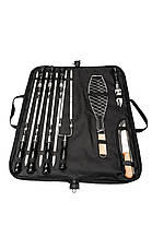 Набір шампурів Enot-2 Black у сумці з дерев’яними ручками та сіткою для риби - універсальний комплект для грилю, природи і риболов, фото 2