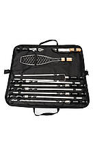 Набір шампурів Enot-2 Black у сумці з дерев’яними ручками та сіткою для риби - універсальний комплект для грилю, природи і риболов, фото 5