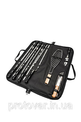 Набір шампурів Enot-2 Black у сумці з дерев’яними ручками та сіткою для риби - універсальний комплект для грилю, природи і риболов, фото 1