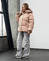 Жіноча Зимова Куртка Пуфер Оверсайз Бежева Однотонна Shopingo