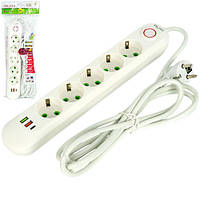 Мережевий фільтр подовжувач 3м 5 розеток 3 USB QC PD 10А 2.5кВт ALFA