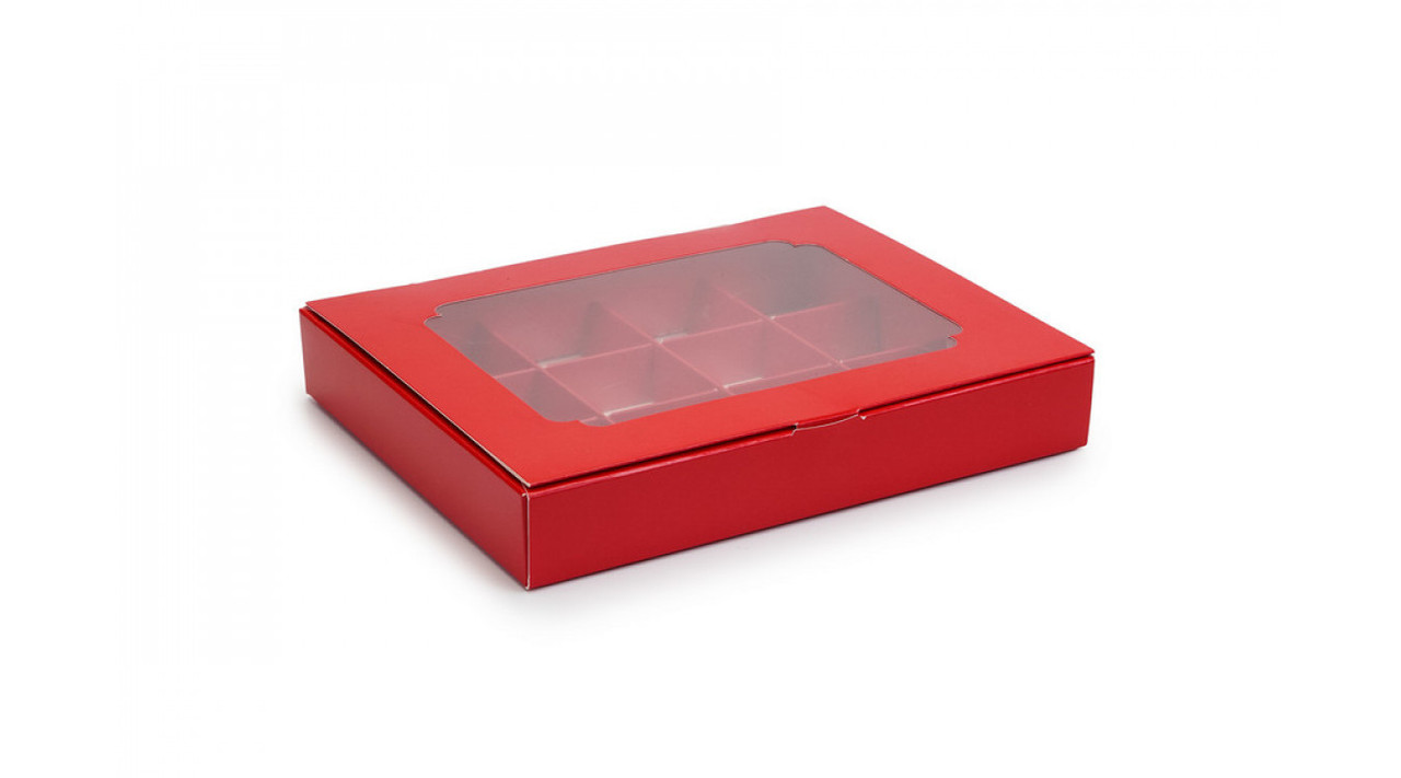 Коробка для 12 цукерок і подарунків, 200*156*30 мм │НФ│, з вікном, червона ▶ (10 шт), фото 1