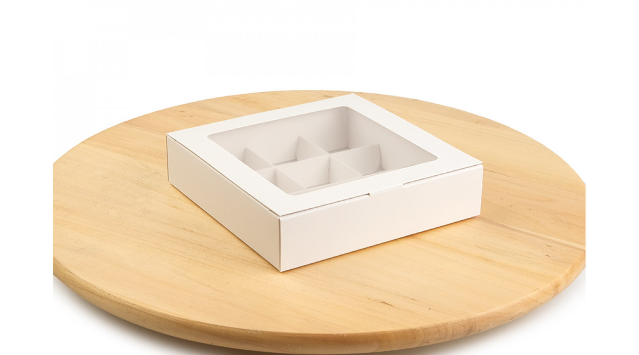 Коробка для 9 цукерок і подарунків, ▶ 153*153*35 мм │НФ│, з вікном, біла, фото 1