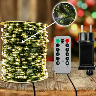 Гірлянда роса на пульті 100 метрів, теплий білий колір на зеленому проводі, капля роси з режимами та вилкою, вулична