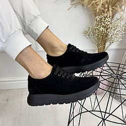 Кросівки жіночі замшеві на шнурівці. Колір чорний