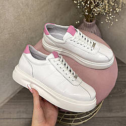 Кросівки шкіряні жіночі на шнурівці. Колір білий, рожевий