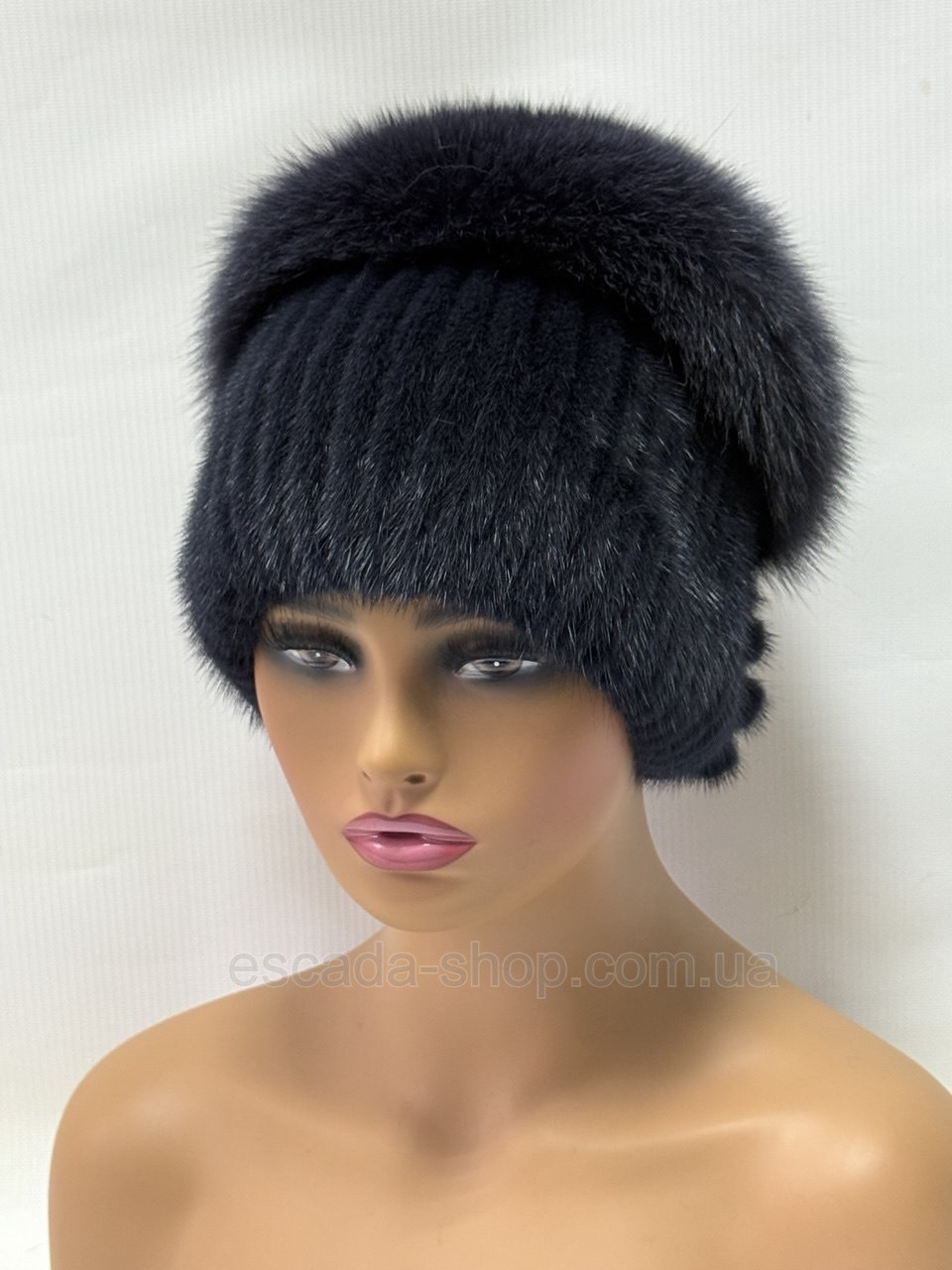 Зимова норкова шапка з помпоном з хутра песця "Бабка" Графіт, фото 1