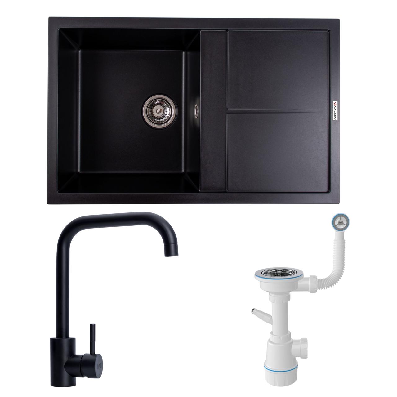 Мийка гранітна 7950 SELENA (чорна) + сифон 1041 + змішувач BG77 (чорний)
