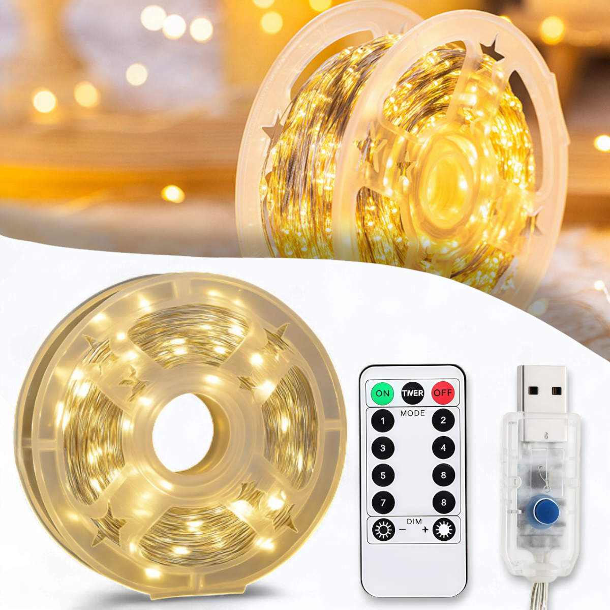 USB Гірлянда "Роса" 50 метрів 500 LED 8 режимів світіння пульт ДК Тепле біле світло, фото 1