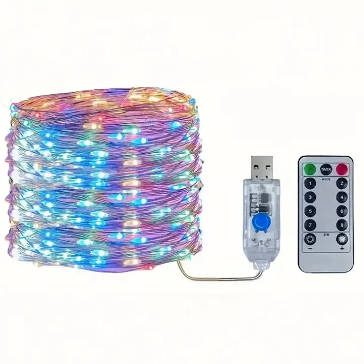 Гірлянда Роса на дроті 10 метрів, 100 LED USB з пультом, 8 режимів колір свічення мультик
